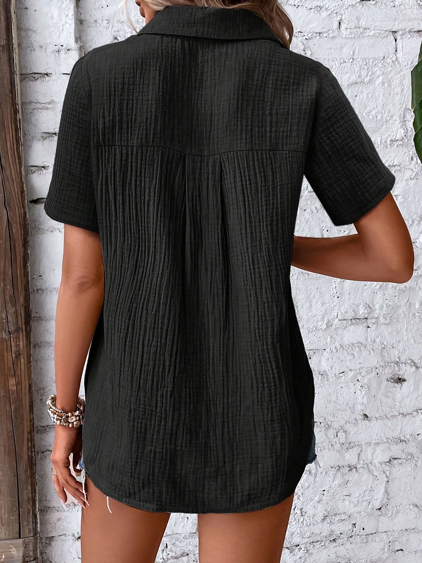 Hic Summer Women's V-Neck Blouse - Casual Short Sleeve Button-Up Shirt With Chest Pocket, Solid White, Lightweight & Breathable For Casual   Attire