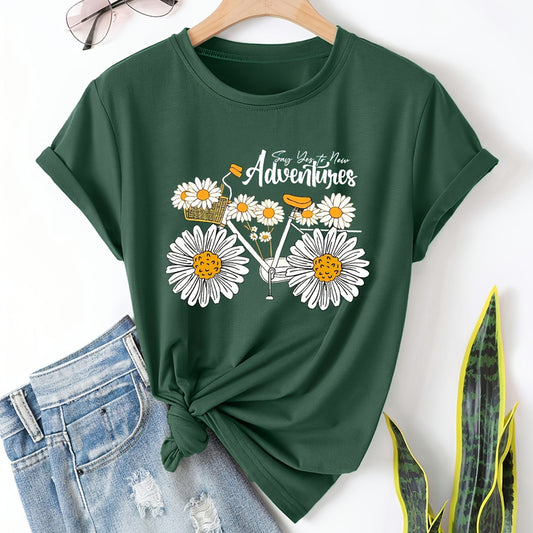 Women's Sunflower Bicycle Print Round Neck Tee - Summer Casual T-Shirt