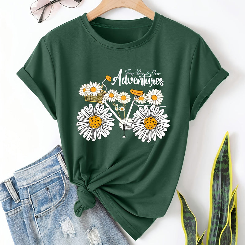 Women's Sunflower Bicycle Print Round Neck Tee - Summer Casual T-Shirt