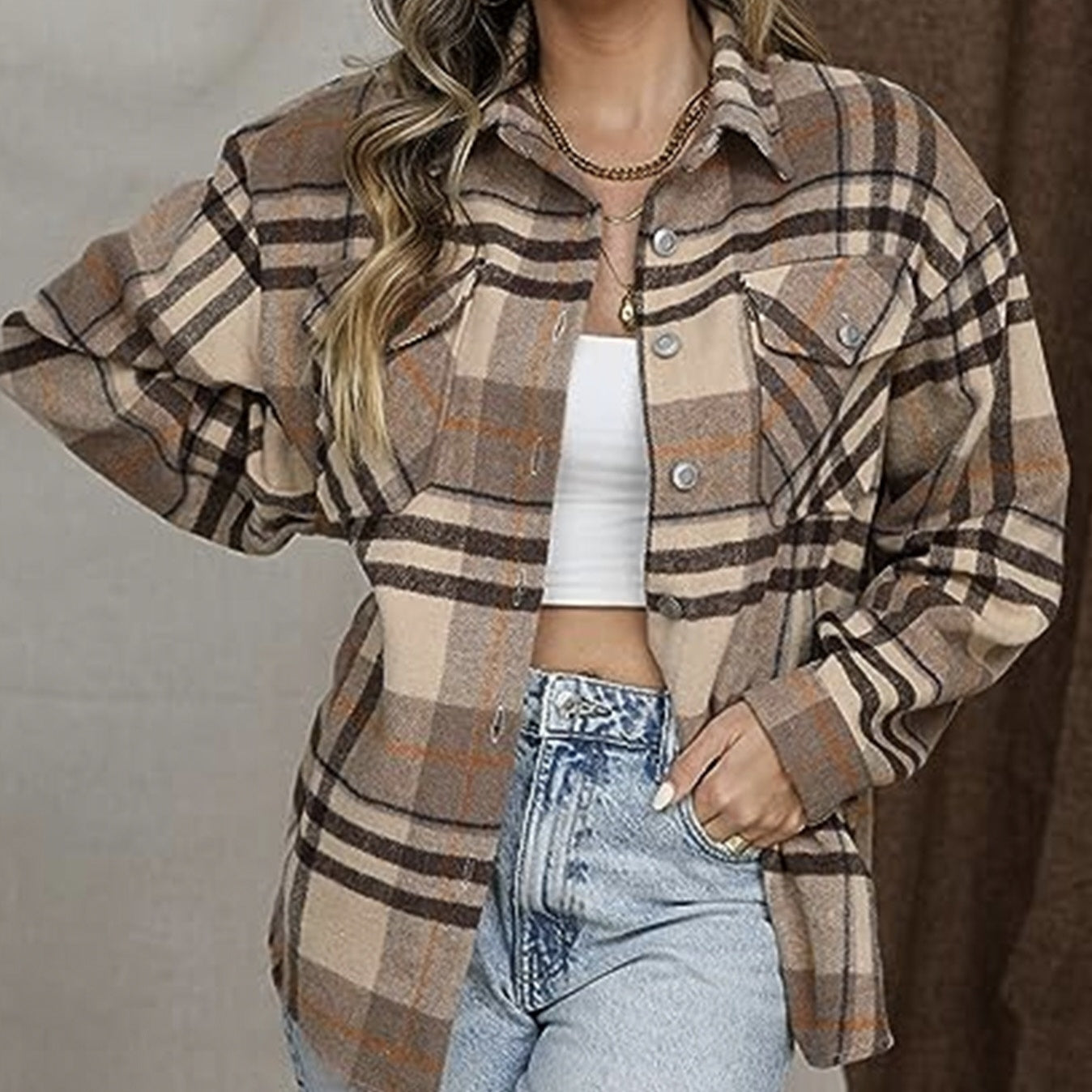 Ladies' Casual Plaid Lapel Button Long Sleeved Jacket, Winter Loose Shirt