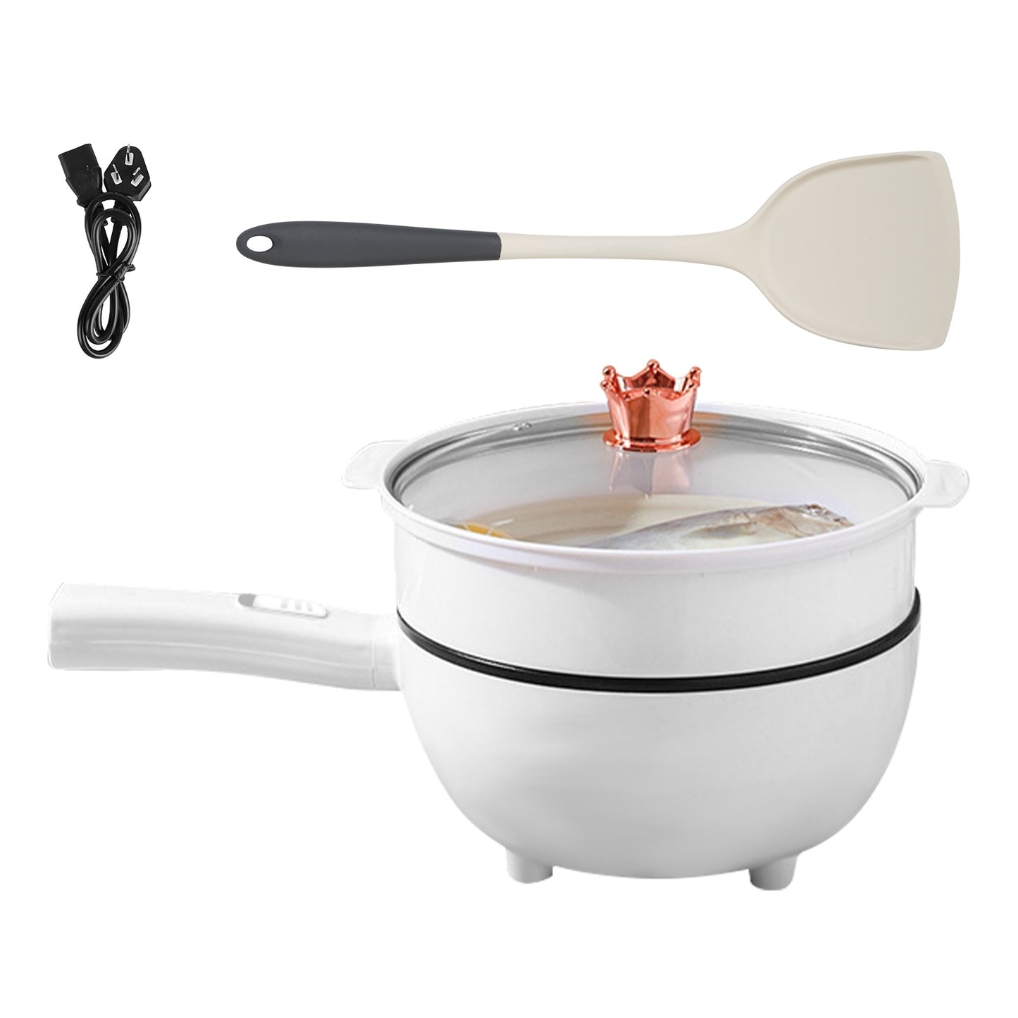 Electric Hot Pot Non-Stick Frying Pan Portable Rapid Noodles Cooker With Long Handle Steamer Spatula Dual Power Control Overheat Dry-Boil Protection For College Dorm Room Essential