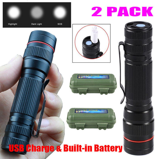 2x Mini Tactical Flashlight Small LED Torch 3 Mode Super Bright Light Clip Lamp