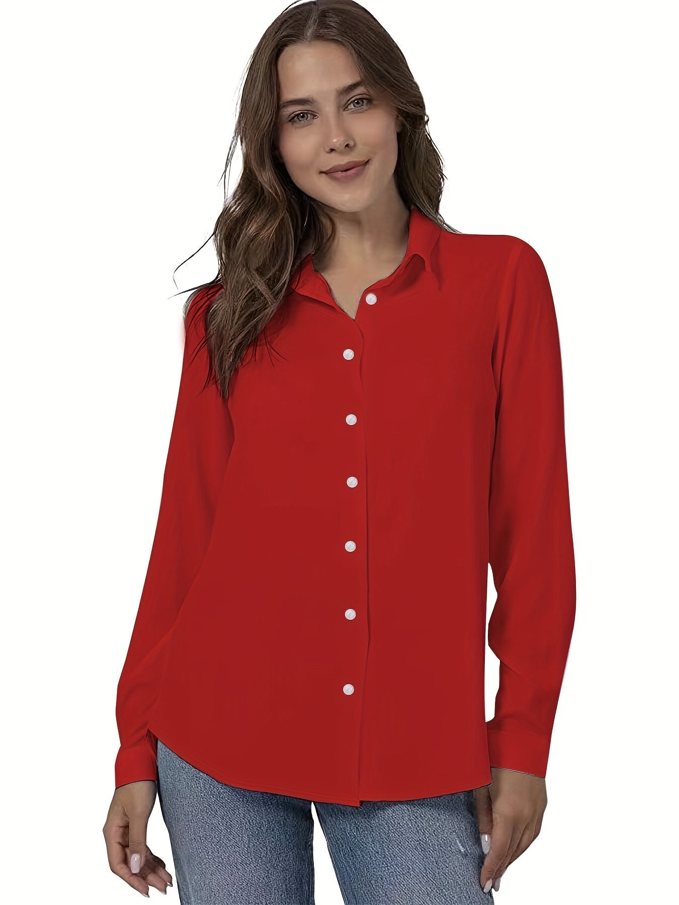Plus Size Solid Color Shirt Buttons White Black Red