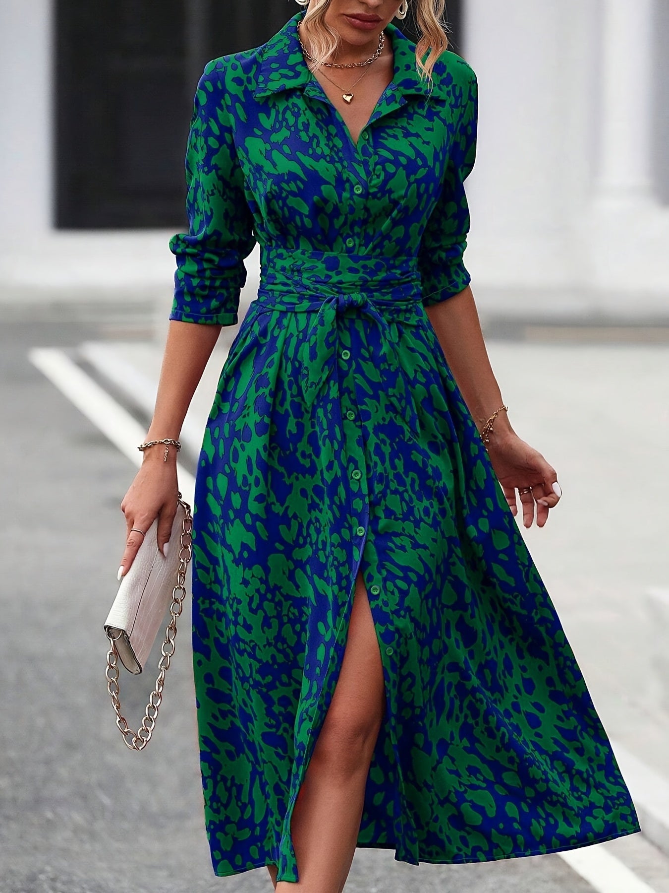 Women's Long-Sleeved All-Over Leopard Print Belted Shirt Dress - Casual Maxi Dress