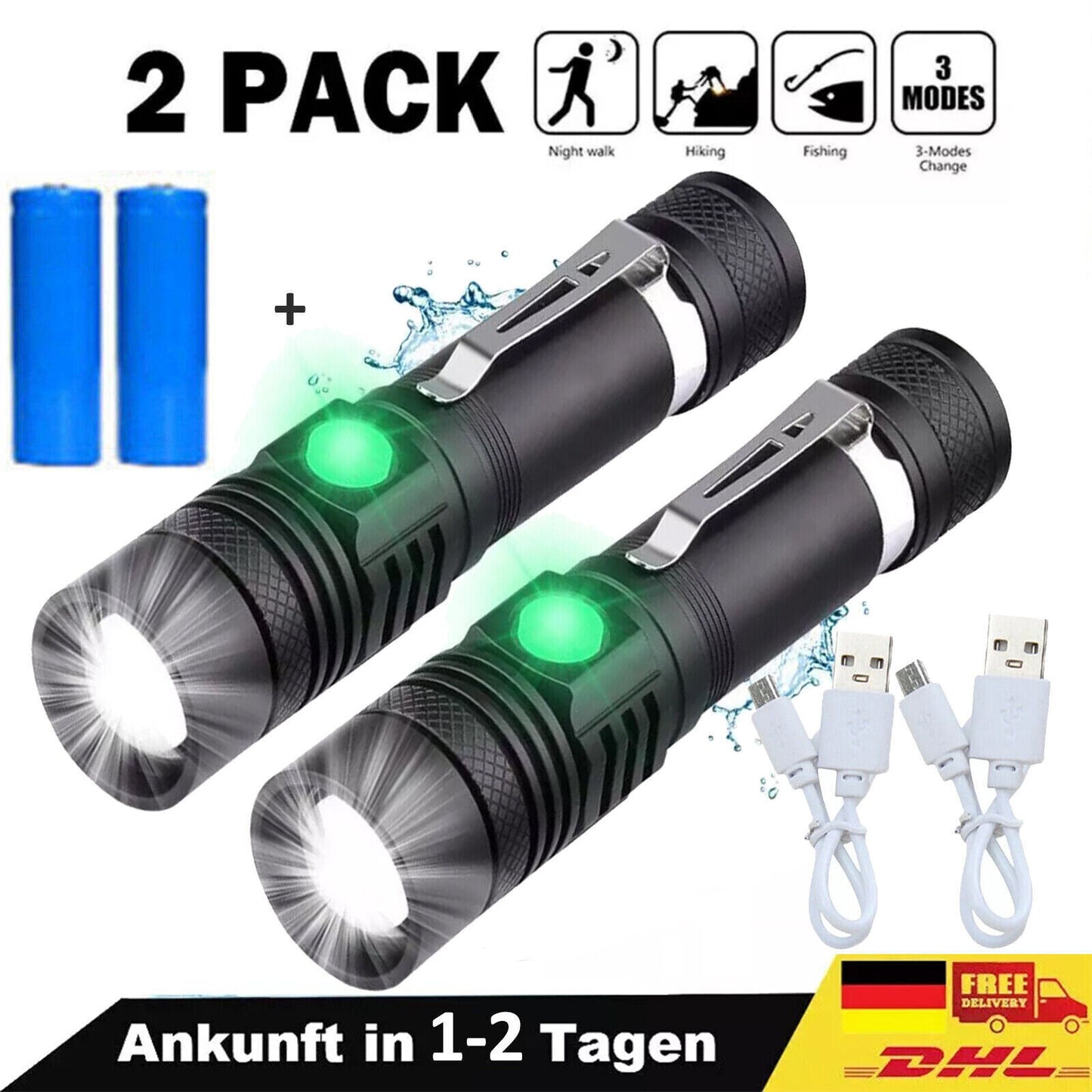 2 Pack LED Taschenlampe Aufladbar USB Super Hell Taktisches Fackel Lumen Akku