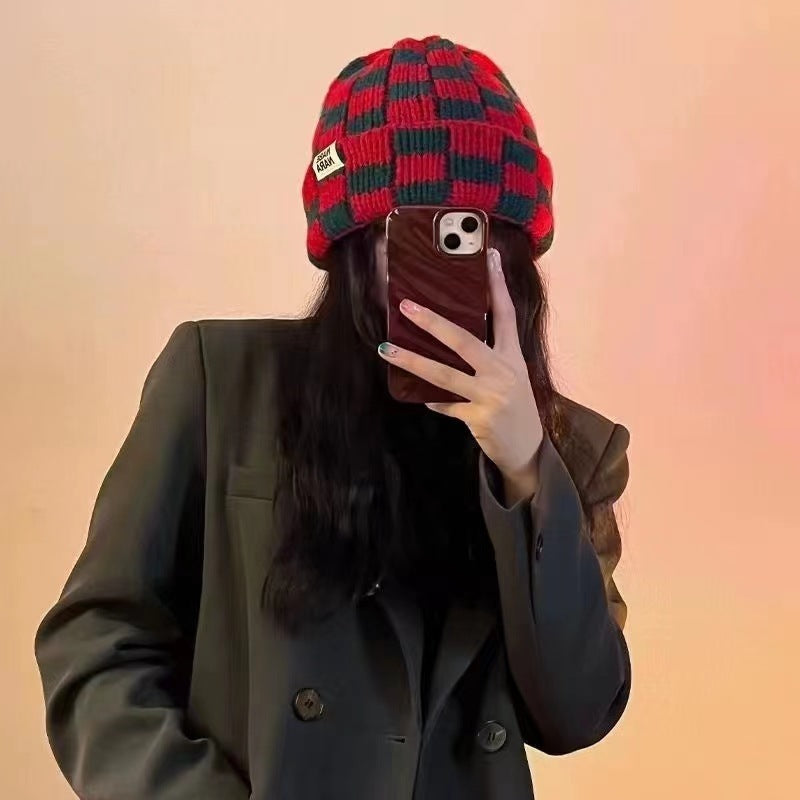 Chessboard Plaid Knitted Hat Women's Autumn And Winter Korean Style