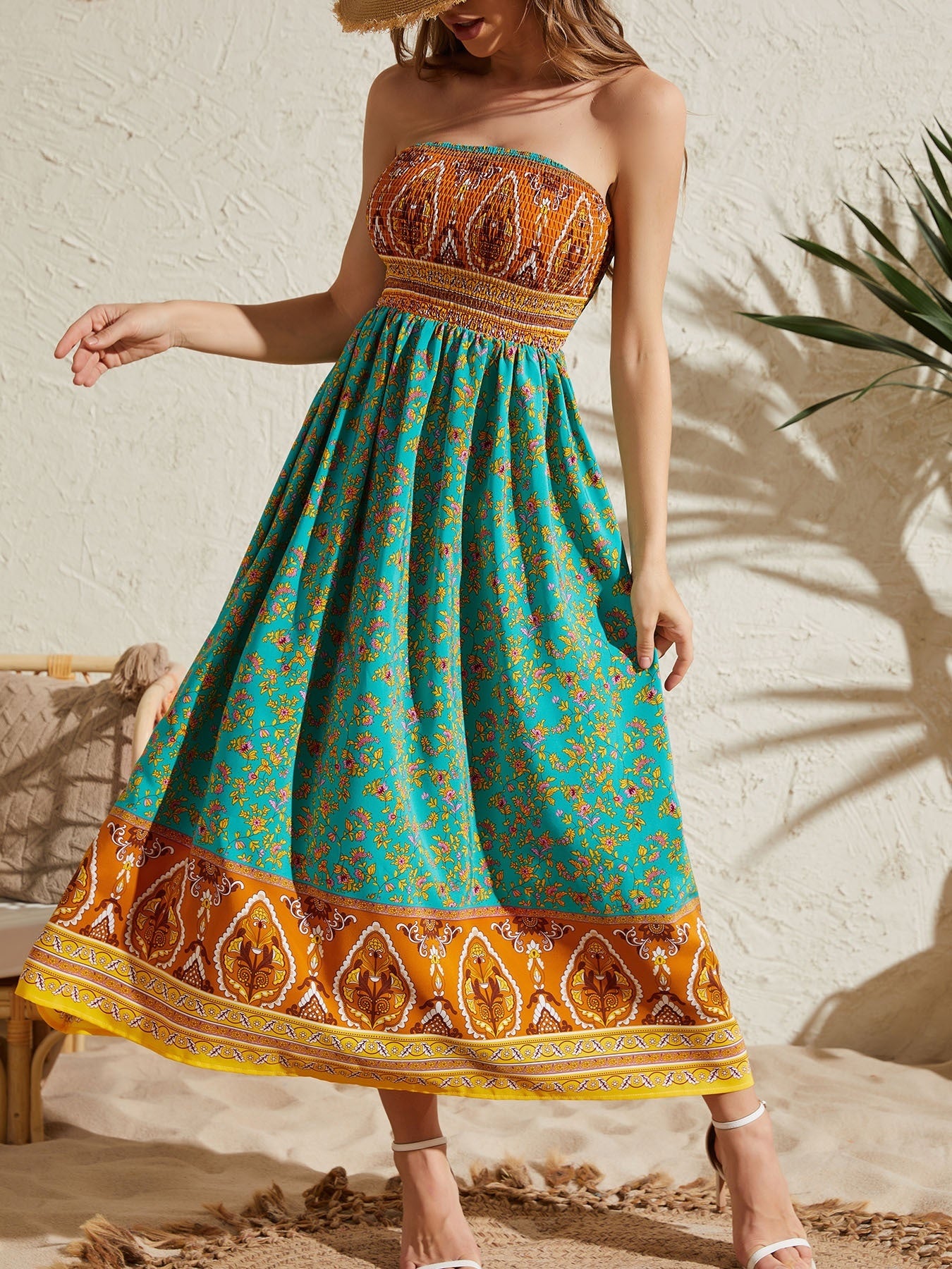 Women's Sexy Strapless Printed Dress - Elegant Off-Shoulder Maxi Vacation Dress