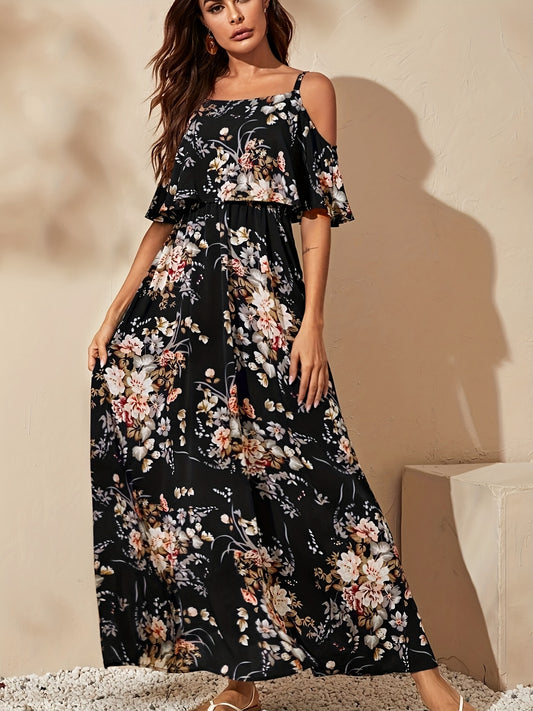 Women's Elegant Strappy Floral Print Off-the-Shoulder Maxi Dress - Stylish Summer Party DressWomen's Elegant Strappy Floral Print Off-the-Shoulder Maxi Dress - Stylish Summer Party Dress