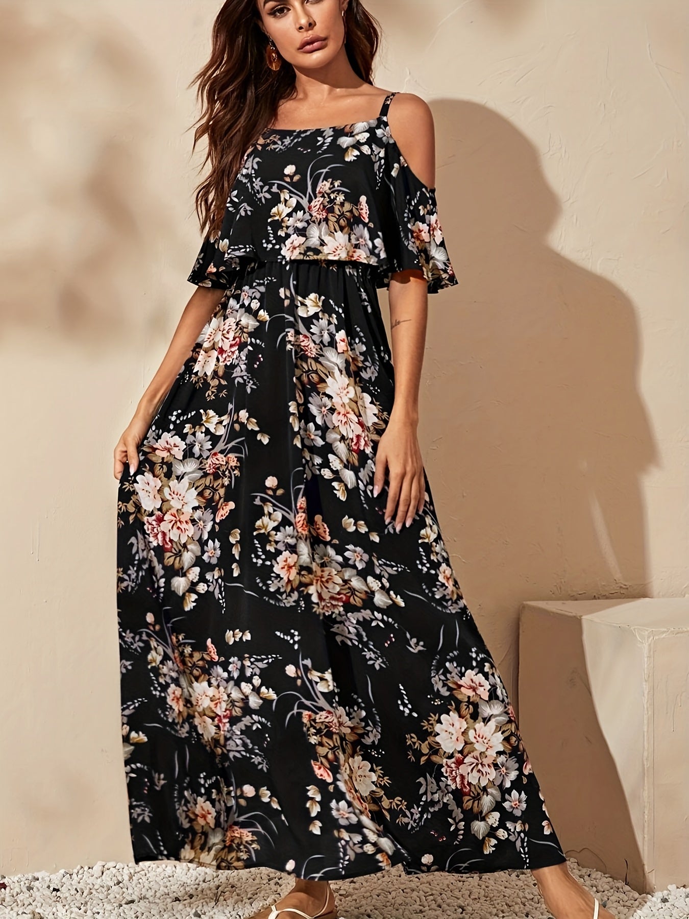 Women's Elegant Strappy Floral Print Off-the-Shoulder Maxi Dress - Stylish Summer Party DressWomen's Elegant Strappy Floral Print Off-the-Shoulder Maxi Dress - Stylish Summer Party Dress