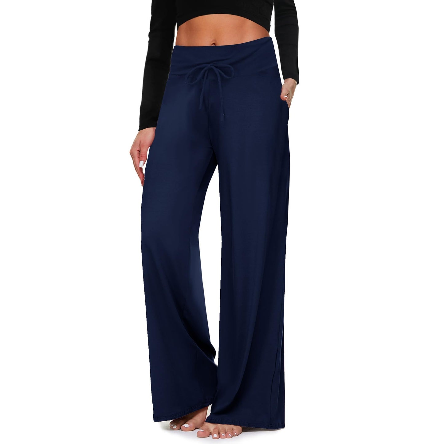 Wide-leg Pants - Cropped Pockets Solid Color