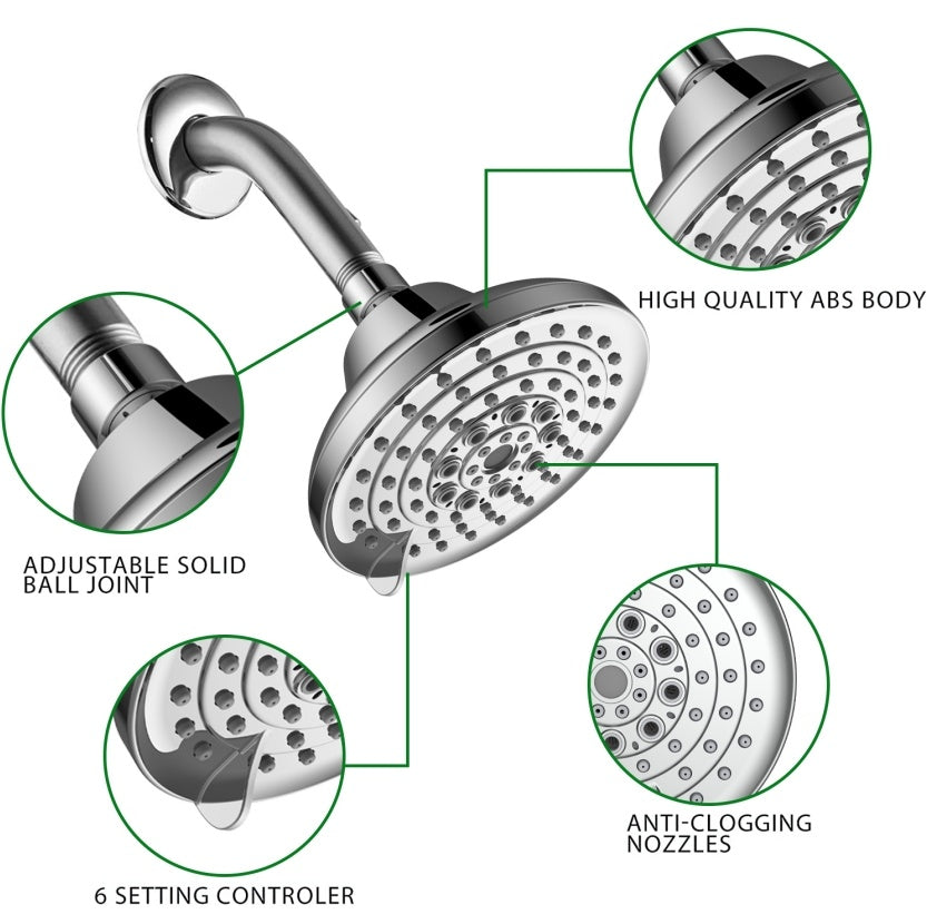 6 Spray Settings High Pressure Shower Head 5 Rain Fixed Showerhead - Brushed Nickel Adjustable Shower Head With Anti-Clogging Nozzles, Low Flow Easily Installation