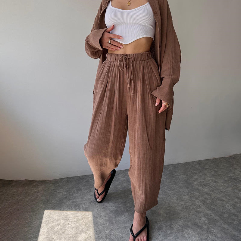 Women's Solid Color Lapel Collar Long Sleeve Shirt & High-Waist Pants Set - Casual Loose Fit Spring&Summer Outfit