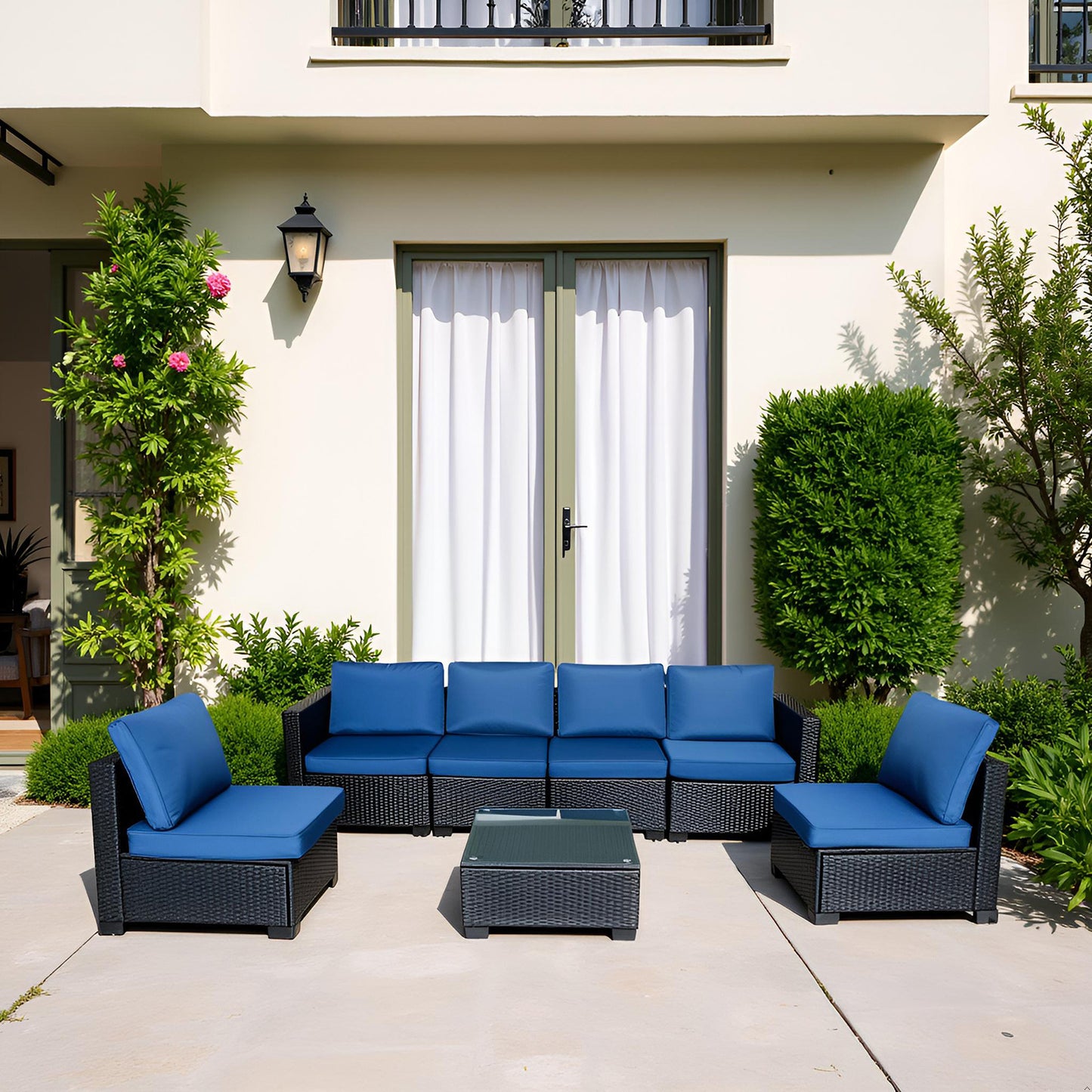 Seven-Piece Sofa Set Table With Sofa Chair Black PE Rattan Outdoor Furniture 7-JH001 Box 3-1-2-3 With Blue Color Cushion