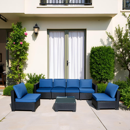 Seven-Piece Sofa Set Table With Sofa Chair Black PE Rattan Outdoor Furniture 7-JH001 Box 3-1-2-3 With Blue Color Cushion