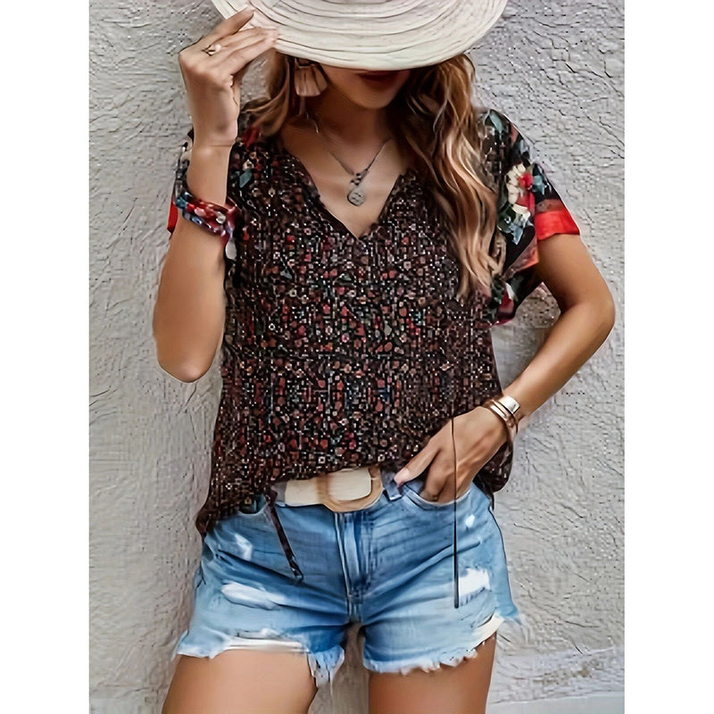 Women's Casual Short Sleeve Shirts Summer Boho Printed V Neck Drawstring Tunic Blouses