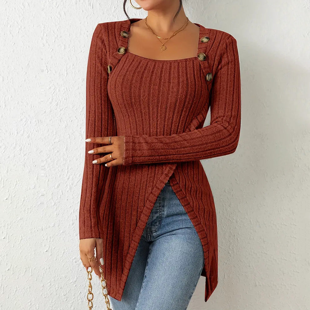 Elegant Women's Solid Color Slim-Fit Long Sleeve Top - Square Neck & Button Detail With Asymmetric Hem, Casual Fall&Spring Blouse