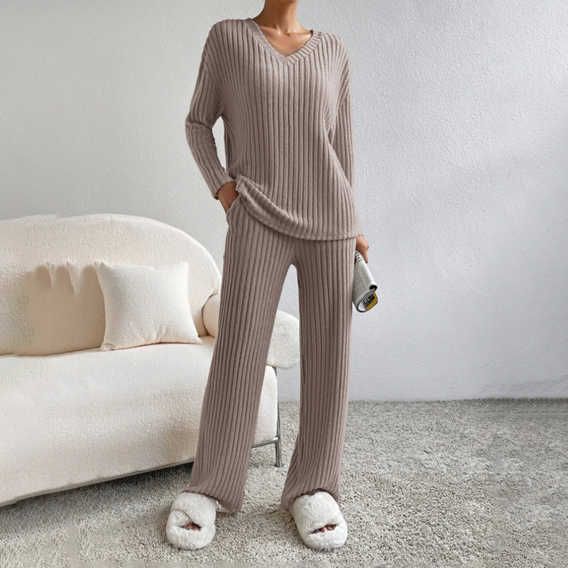 Women's 2-Piece Set Solid Color V-Neck Long Sleeve Top & Straight Leg Pants, Ribbed Texture Outfit For Fall&Winter