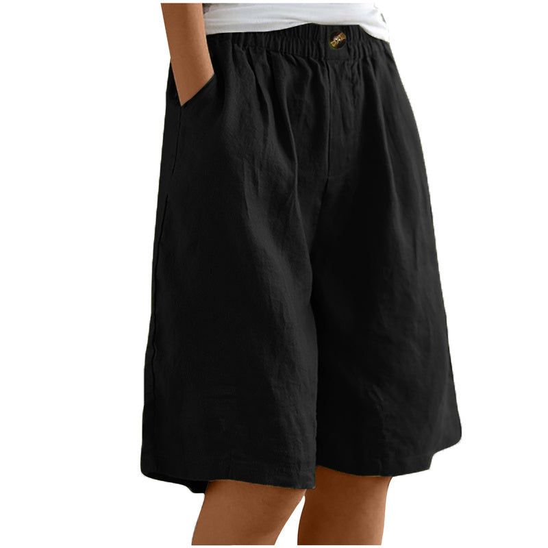 Women's Casual High Waist Loose Fit Solid Color Shorts - Button & Elastic Waist With Pockets, Comfortable Summer Shorts
