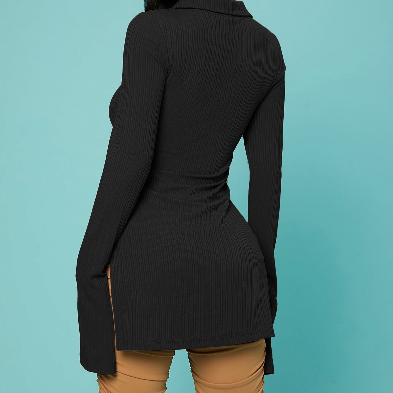 Ladies' V-neck Solid Color Button Slit Elegant Ribbed Knit Shirt Top