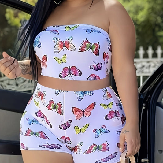 Ladies' Fashionable And Casual Slim Fit Butterfly Print Chest Wrapped Top And Shorts Set