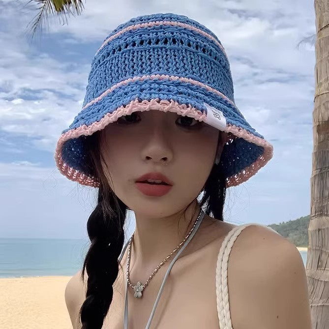 Color Matching Sweet Woven Straw Hat Female Beach Sun-proof Breathable Bucket Hat