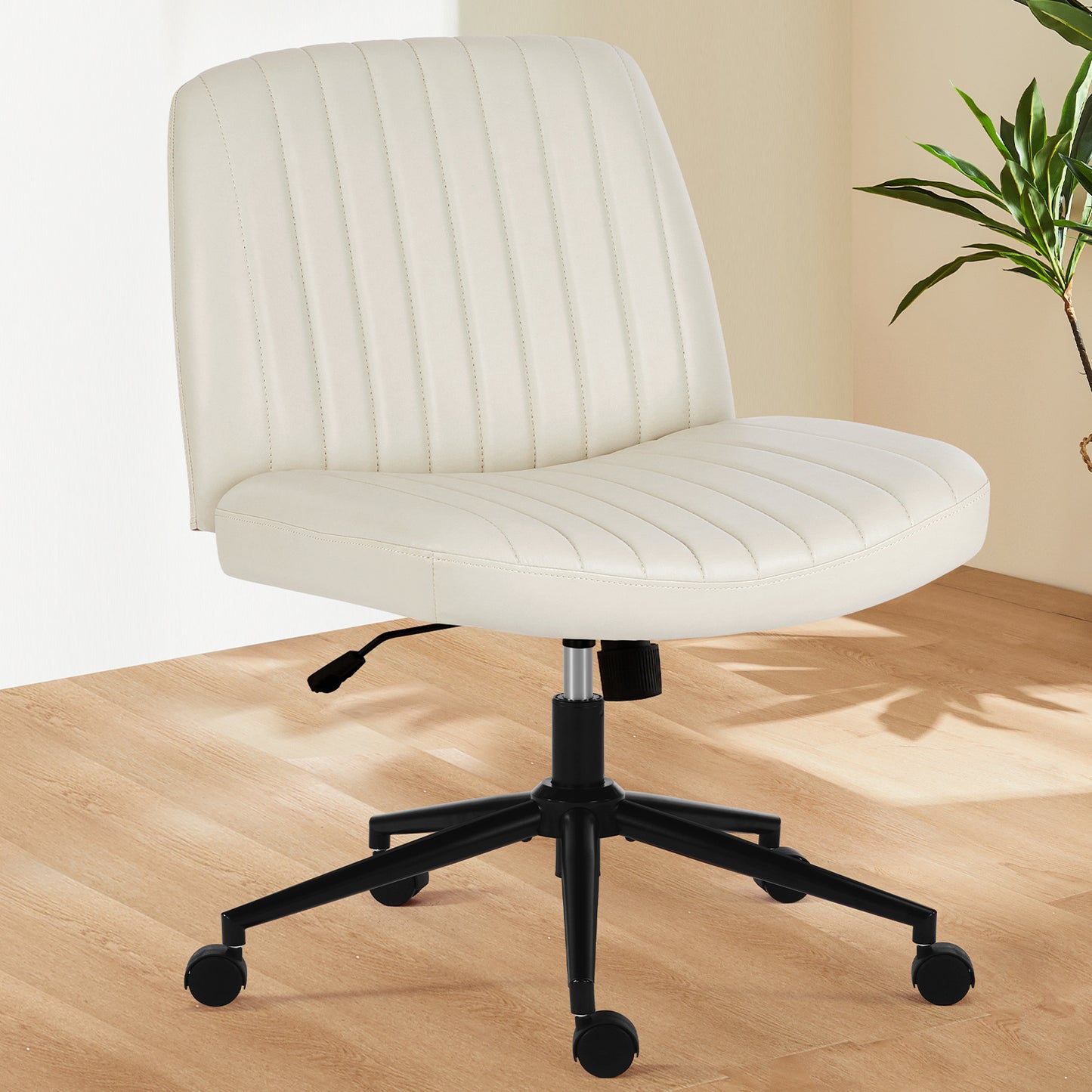 Office Desk Vanity Chair Cross Legged Armless Swivel Fabric Height Adjustable Wide Seat With Replaceable Wheels-Fixed Base, Comfy Task Chair Padded
