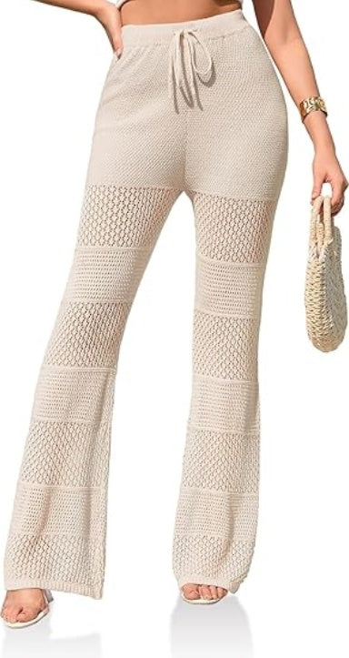 Saodimallsu Womens Beach Cover Up Pants Boho Crochet Knit High Waist Drawstring Sheer Hollow Swim Pant Swimwear