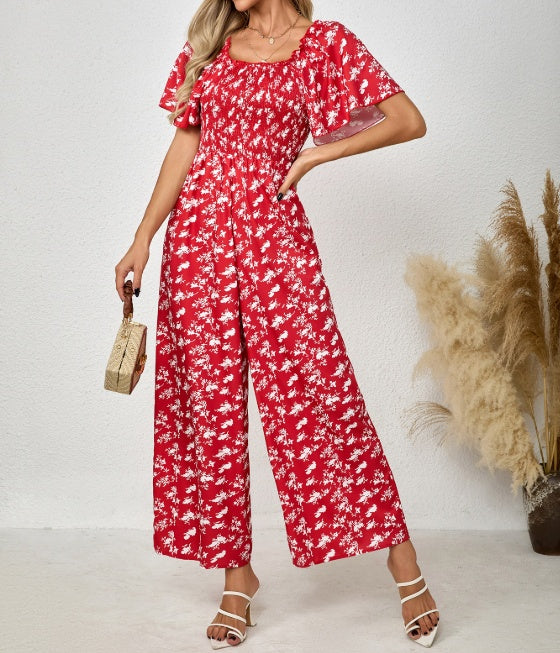 Ladies' Printed Square Neck Fashionable Loose Vacation Style Jumpsuit