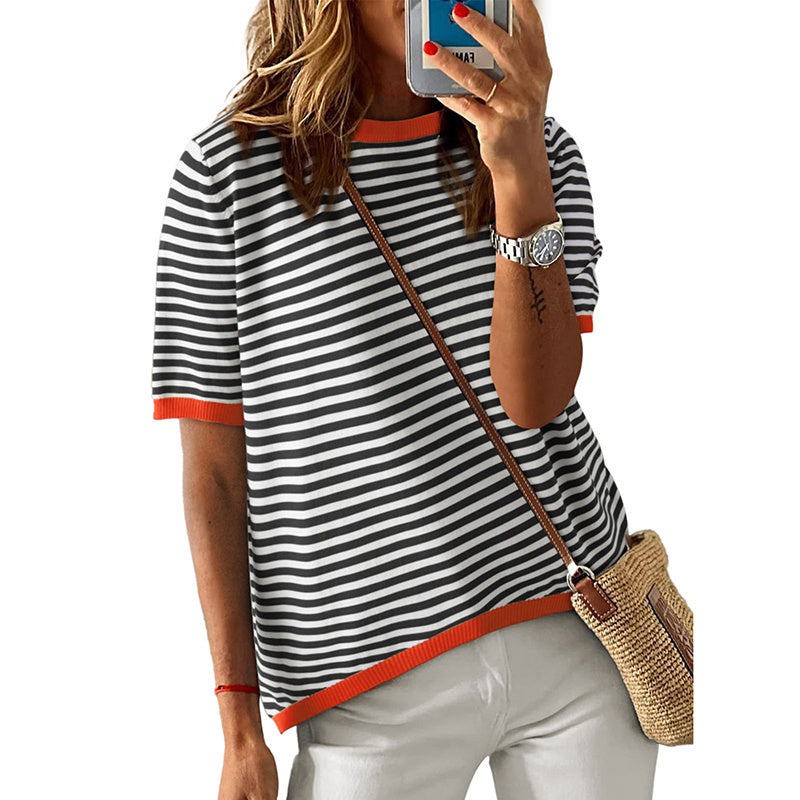 Womens Tops Casual Summer Crewneck Short Sleeve Striped Color Block Trendy Pullover Sweaters