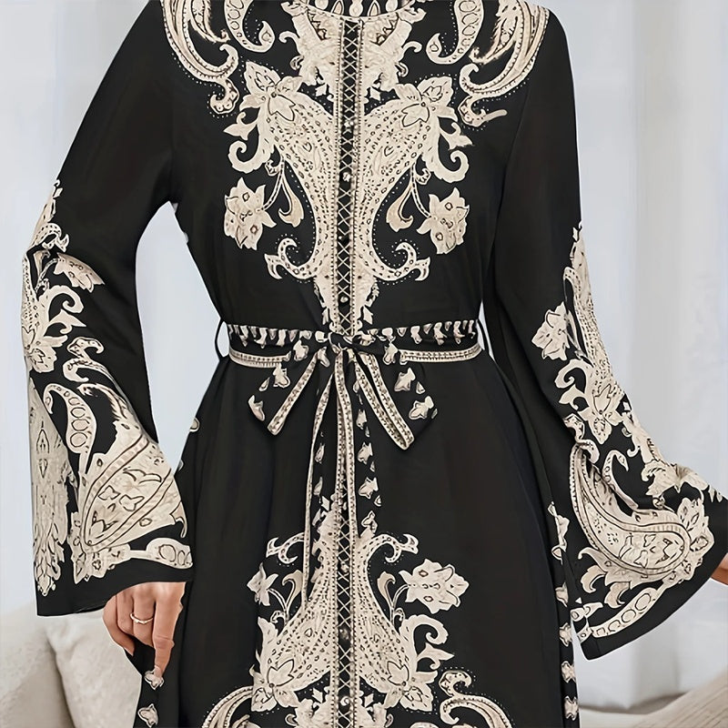 Women's Vintage High-Neck Floral Maxi Dress Loose Long Sleeve, Adjustable Waist Belt, Middle Eastern Inspired Holiday Dress Ankle-Length Gown