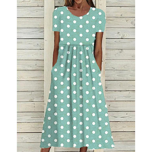 Women's Summer Short Sleeve Polka Dot Print Long Dresses Casual Beach Sundress With Pockets