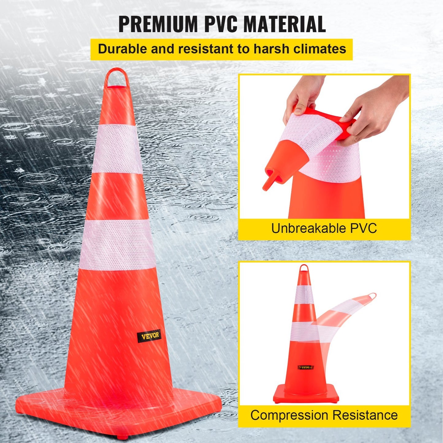VEVOR Safety Cones, 10PCS Traffic Cones, PVC Orange Construction Cones, 2 Reflective Collars Traffic Cones With Weighted Base And Hand-Held Ring Used For Traffic Control, Driveway Road Parking