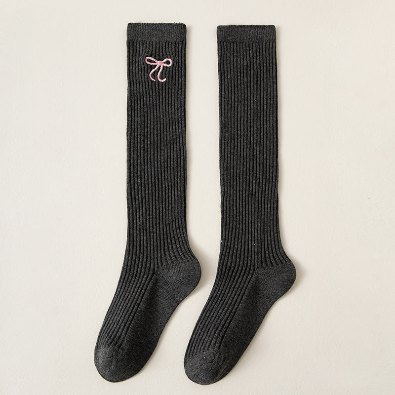 Bowknot Embroidery Stockings Preppy Style Calf Socks Children's High-top Cotton Socks