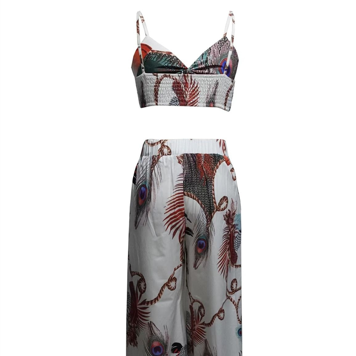 Women's Feather Printed Black Vacation Sexy Strap Pants Set