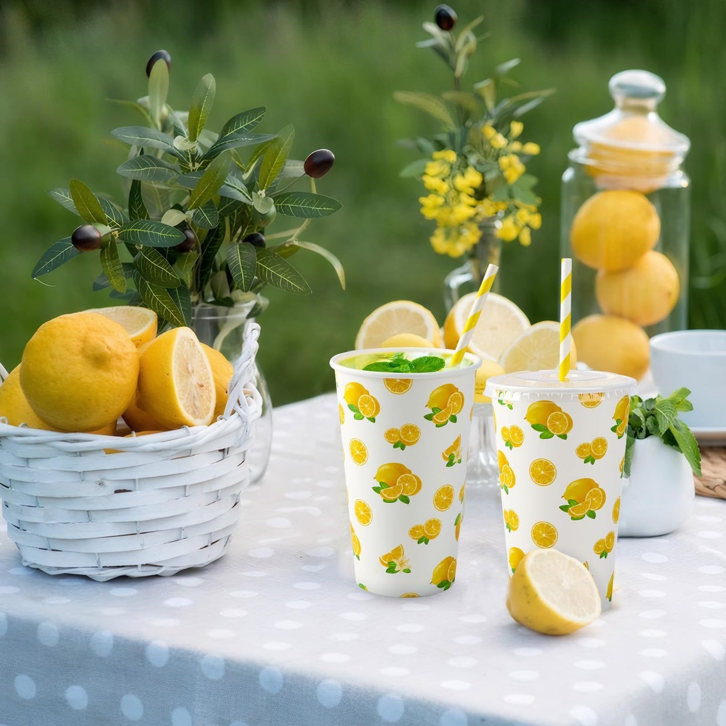 180pcs Lemonade Paper Cups With Lids And Straws 16oz Disposable Cups For Lemon Stand Supplies Summer Party Hot Cold Beverage,Amazon Is Banned,654-10328-G13