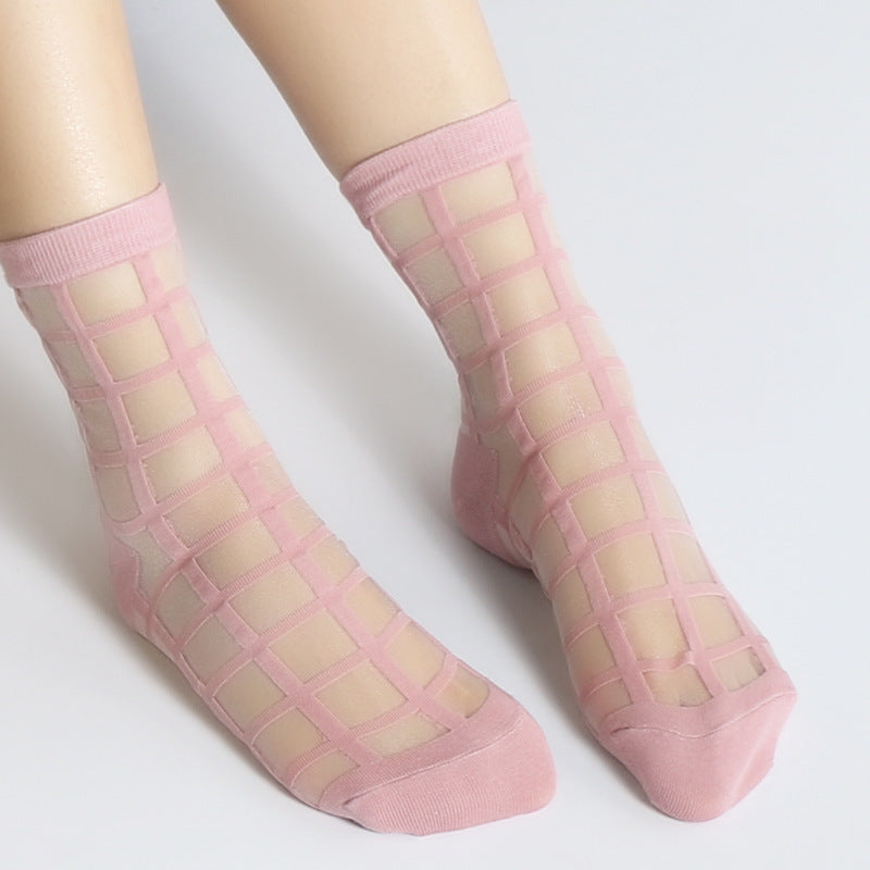 Fashion Thin Jacquard Short Stockings Cool Breathable Plaid Glass Stockings