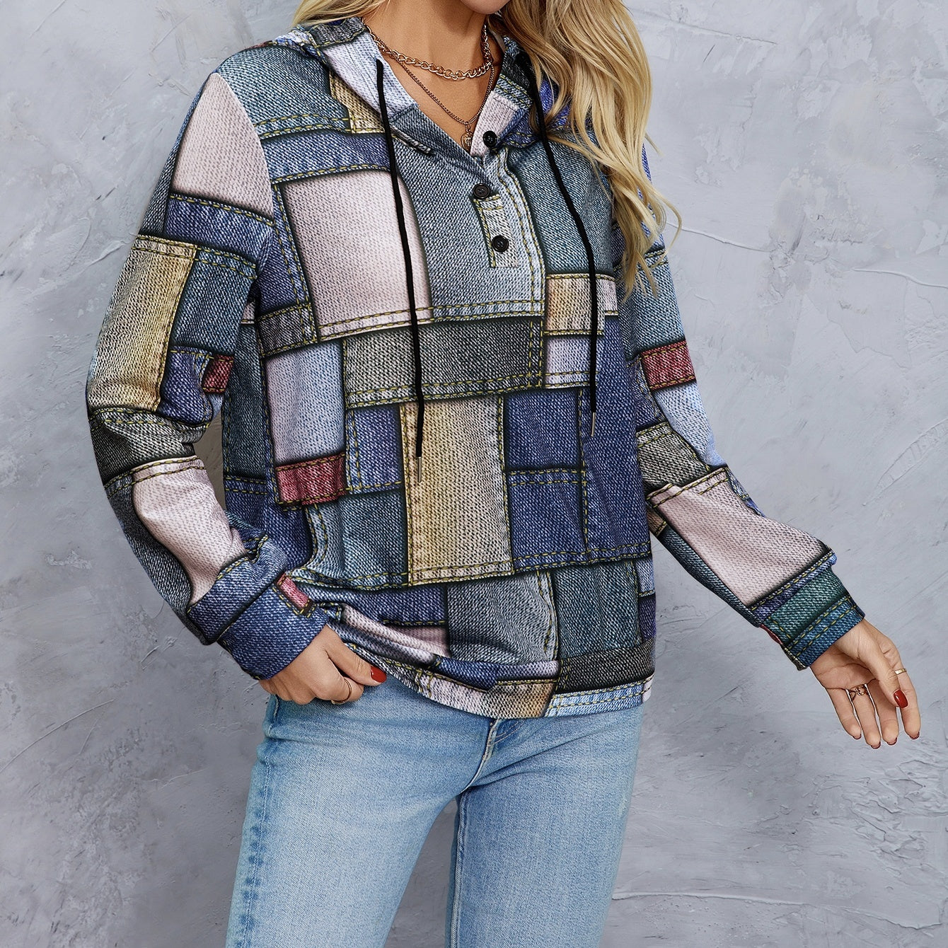 Women's Hooded Geometric Print Drawstring Fashionable Casual Hoodie Top