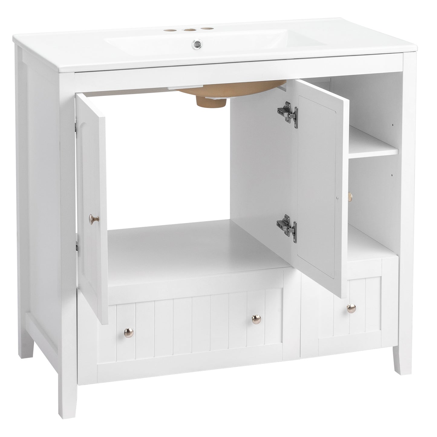 White MDF Painted Double Door Double Drawer With Masking Strip Basin Cabinet 91x46x82cm