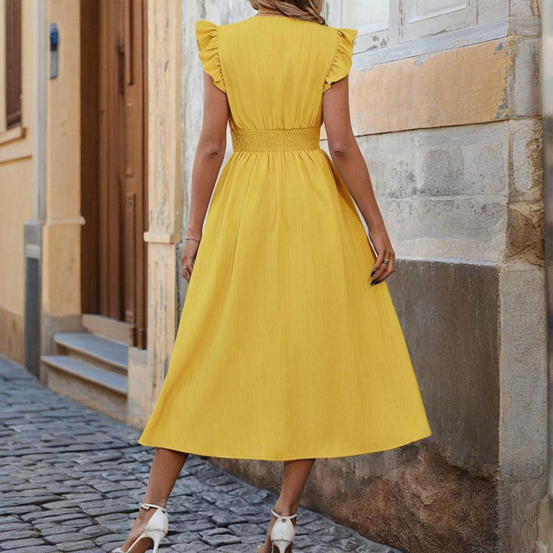 Women's Solid Color Sleeveless V-Neck Dress - High Waist Ruffled Hem Boho Flowy Summer Dress With Shoulder Frills, Casual & Party Dress