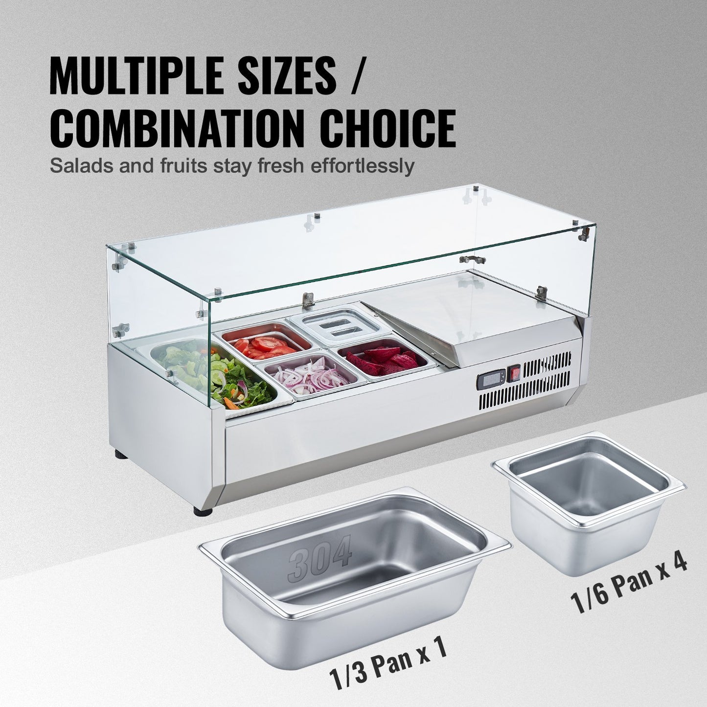 VEVOR Refrigerated Condiment Prep Station, 130 W Countertop Refrigerated Condiment Station,304 Stainless Body And PC Lid, Sandwich Prep Table With Glass Guard, ETL