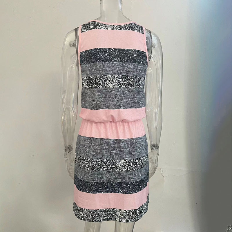Women's Sleeveless With Adjustable Waist Tie Vest Dress - Casual Summer Mini Dress With Color Block Striped Design