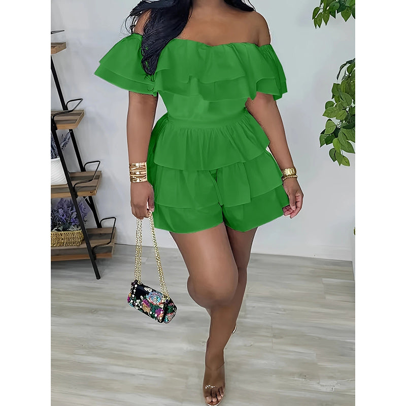 Womens Sexy Off Shoulder Rompers Summer Ruffle Short Sleeve Tiered Short Jumpsuits