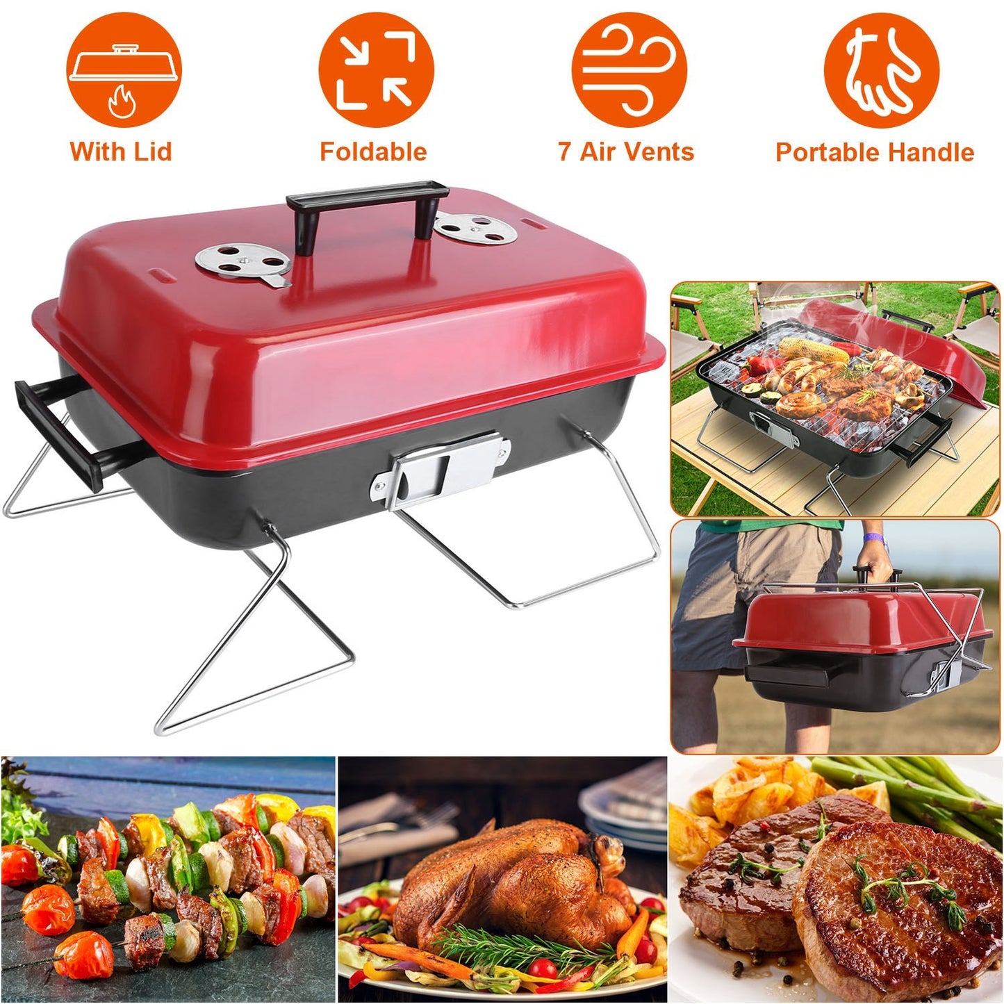 Portable Charcoal Grill Outdoor Tabletop Grill Small Barbecue Smoker Folding BBQ Grill With Lid For Camping Picnics Beach