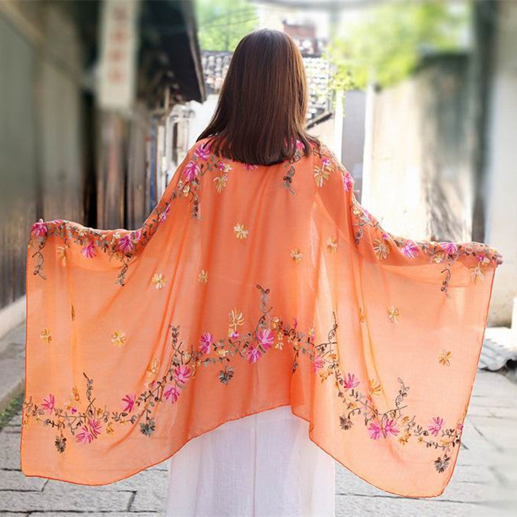 Embroidered Cotton And Linen Scarf Travel Sunscreen Ethnic Style Silk Scarf
