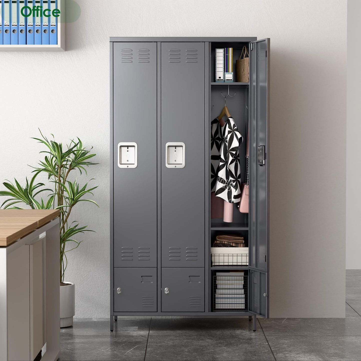 Metal Storage Locker With 3 Big Doors & 3 Small Doors, Lockers For Employees With Hooks For School Garage Office Gym Bedroom,Assembly Required,Dark Grey