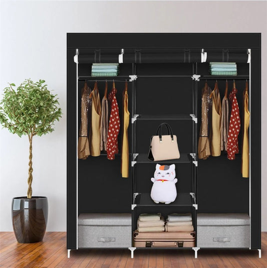 69 Inch Portable Wardrobe Double Pole Storage Rack Black