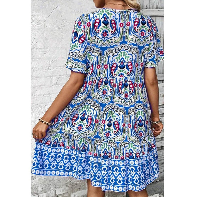 Women Casual Summer Dress Boho Drawstring V Neck Short Sleeve Floral Print Flowy Beach Dress