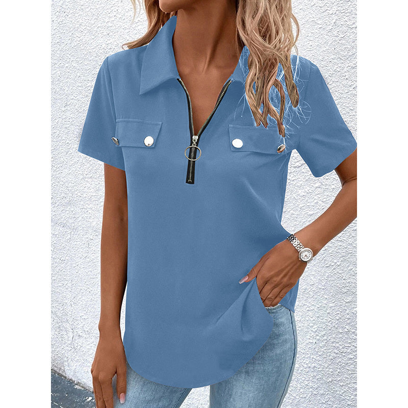 Women's Zipper Polo Shirts Short Sleeve Summer Collared Down T Shirts Top Casual Loose Fit Blouses