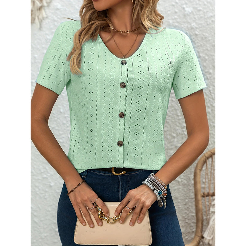 Women's V Neck Short Sleeve Eyelet Tops Summer Casual Loose Fit Button T Shirts