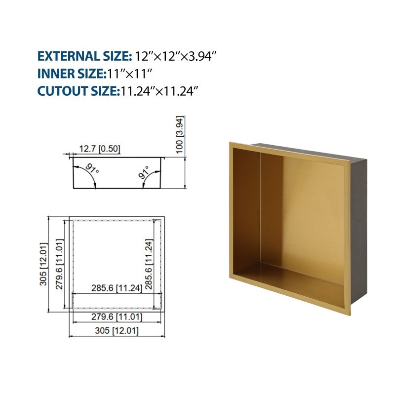 12 X 12 In Stainless Steel Shower Niche - Gold, Waterproof, Easy Installation, Corrosion-Resistant